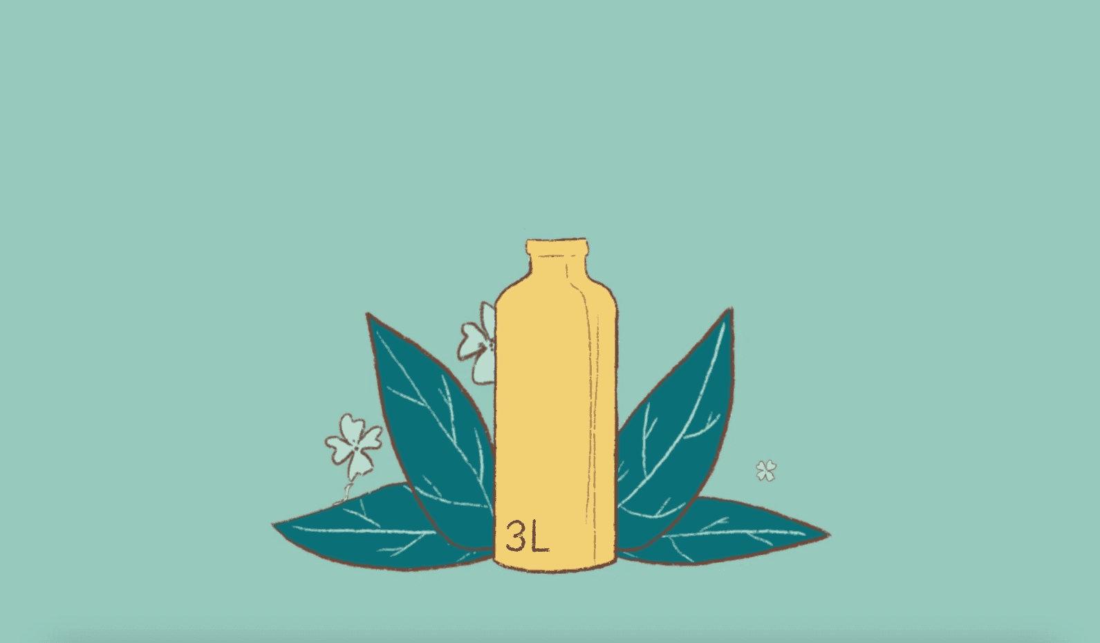 Illustration af en 3-liters vandflaske omgivet af botaniske blade